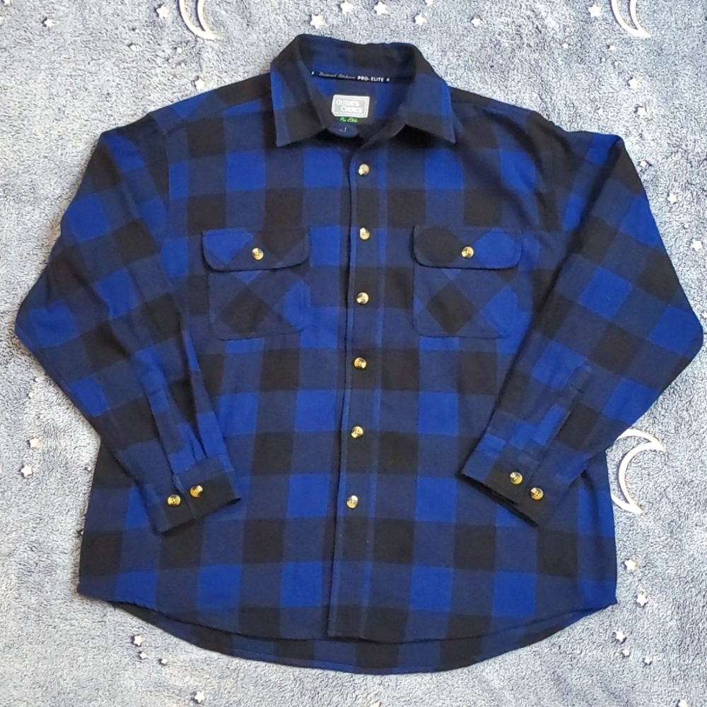 Mens XL 100% Cotton Black Royal Blue Button Soft Buffalo Plaid Flannel Pro-Elite